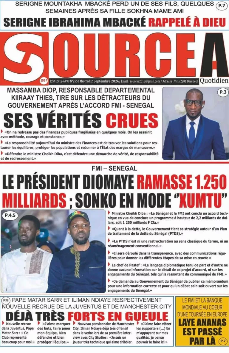 Découvrez les Unes des journaux sénégalais du mercredi 02 septembre 2026