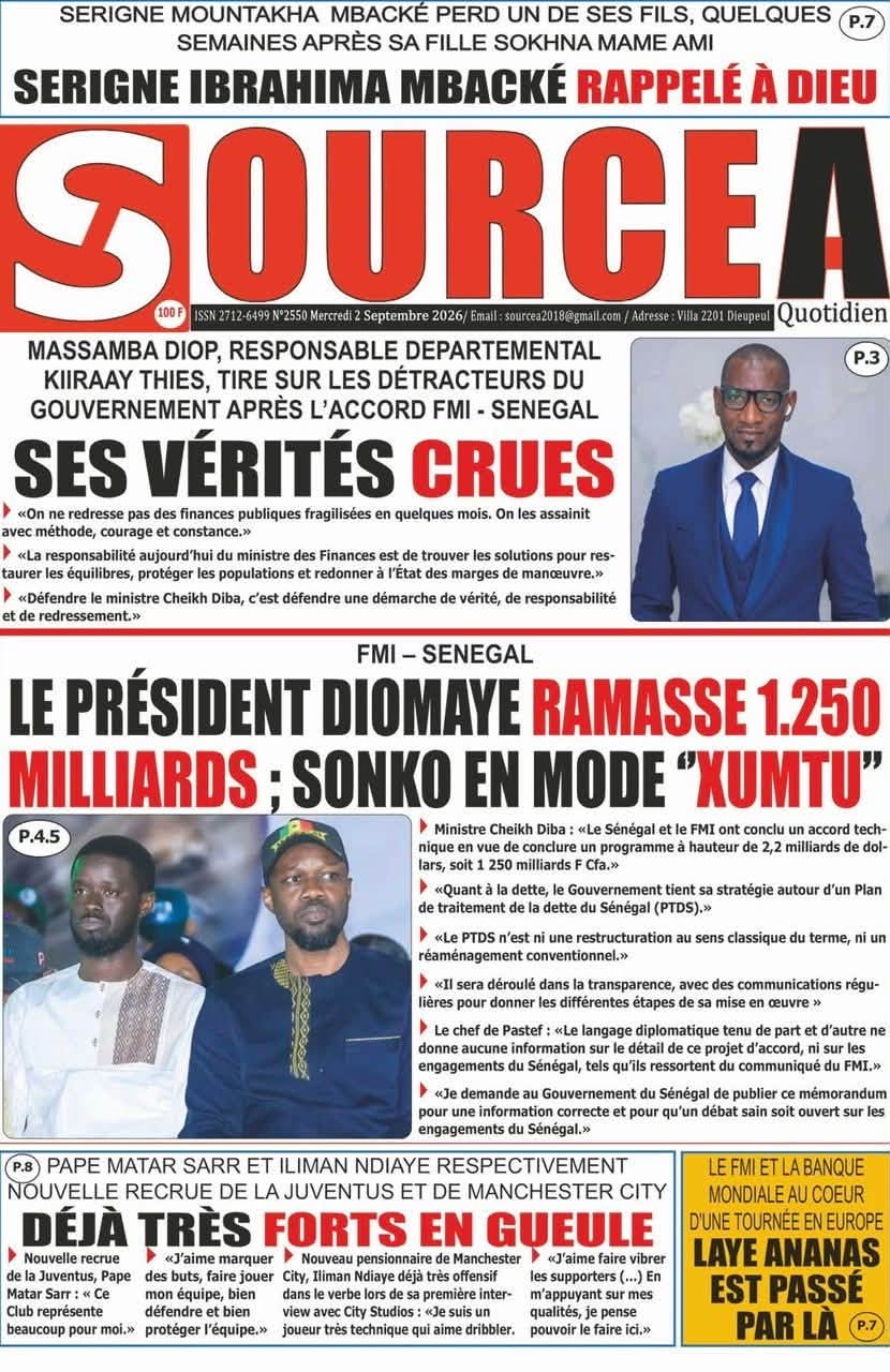 Découvrez les Unes des journaux sénégalais du mercredi 02 septembre 2026