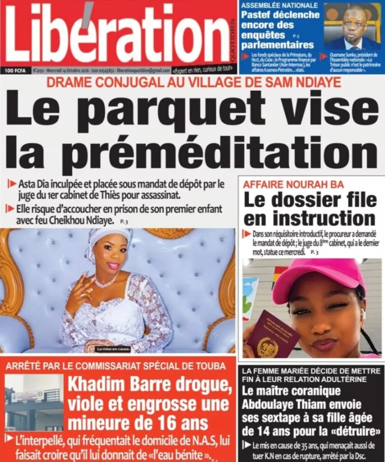 Découvrez les Unes des journaux sénégalais du mercredi 14 octobre 2026