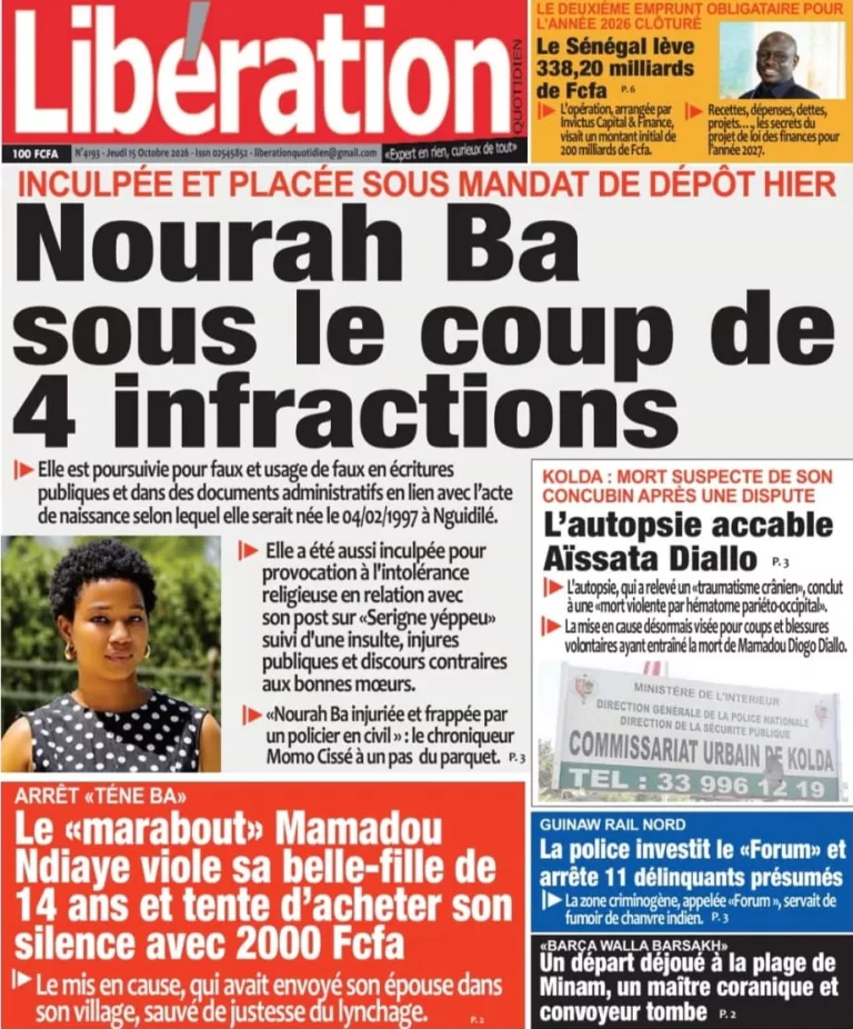 Découvrez les Unes des journaux sénégalais du jeudi 15 octobre 2026