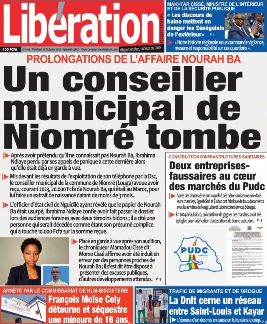 Découvrez les Unes des journaux sénégalais du vendredi 16 octobre 2026