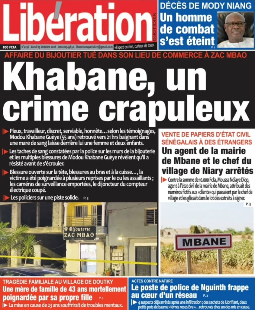 Découvrez les Unes des journaux sénégalais du lundi 19 octobre 2026