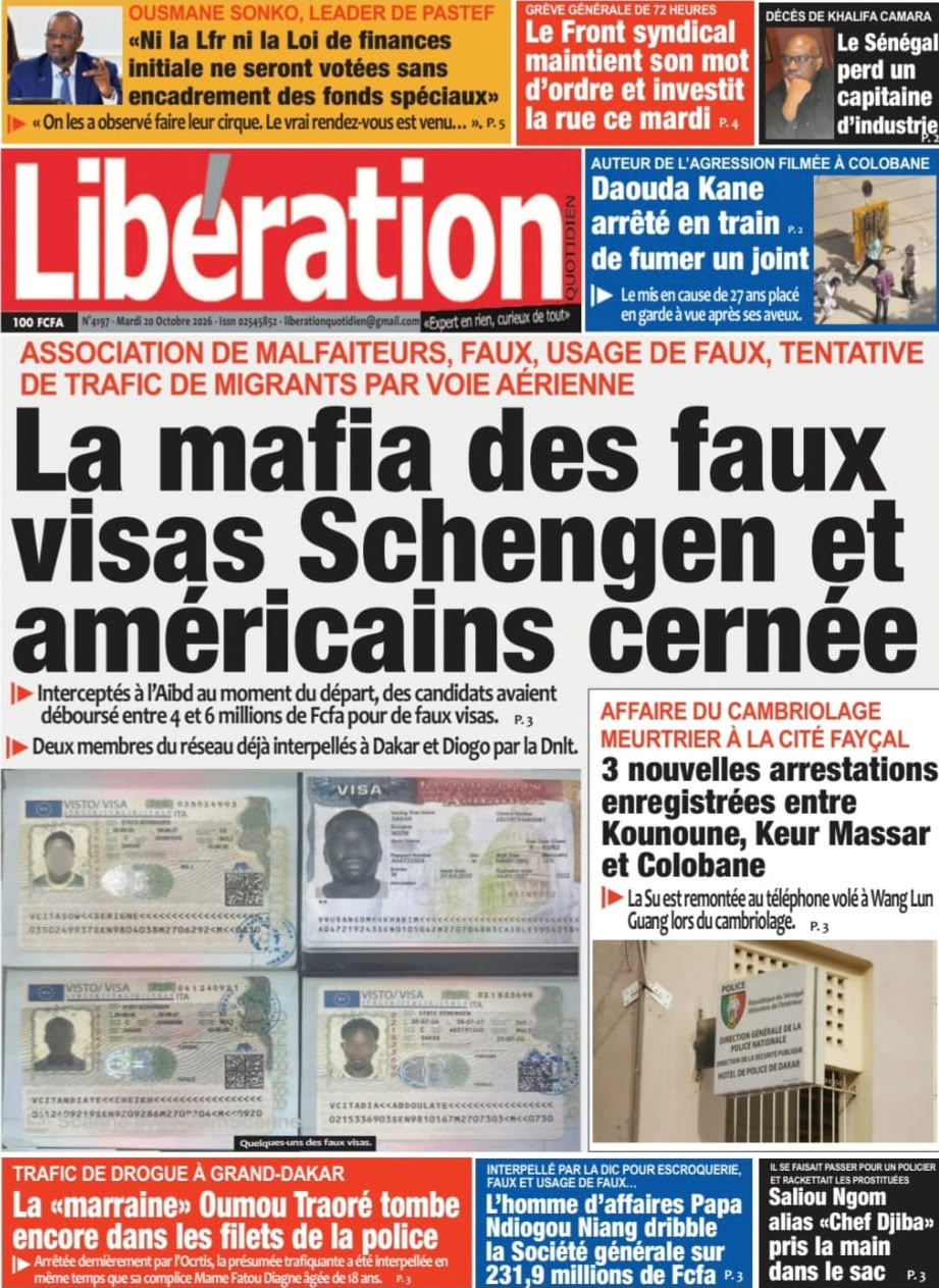Découvrez les Unes des journaux sénégalais du mardi 20 octobre 2026