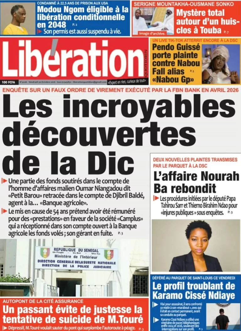 Découvrez les Unes des journaux sénégalais du vendredi 30 octobre 2026