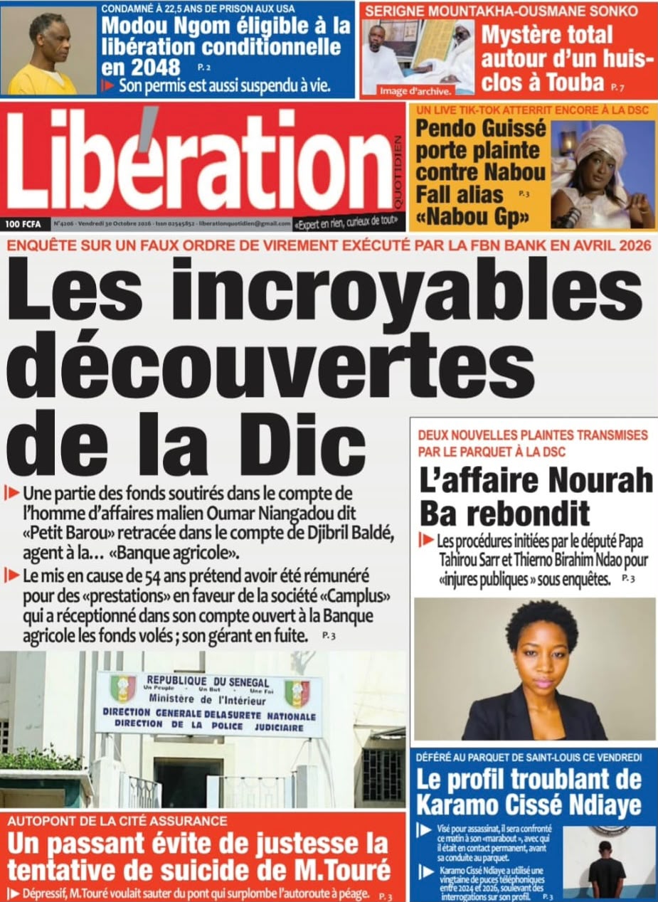 Découvrez les Unes des journaux sénégalais du vendredi 30 octobre 2026