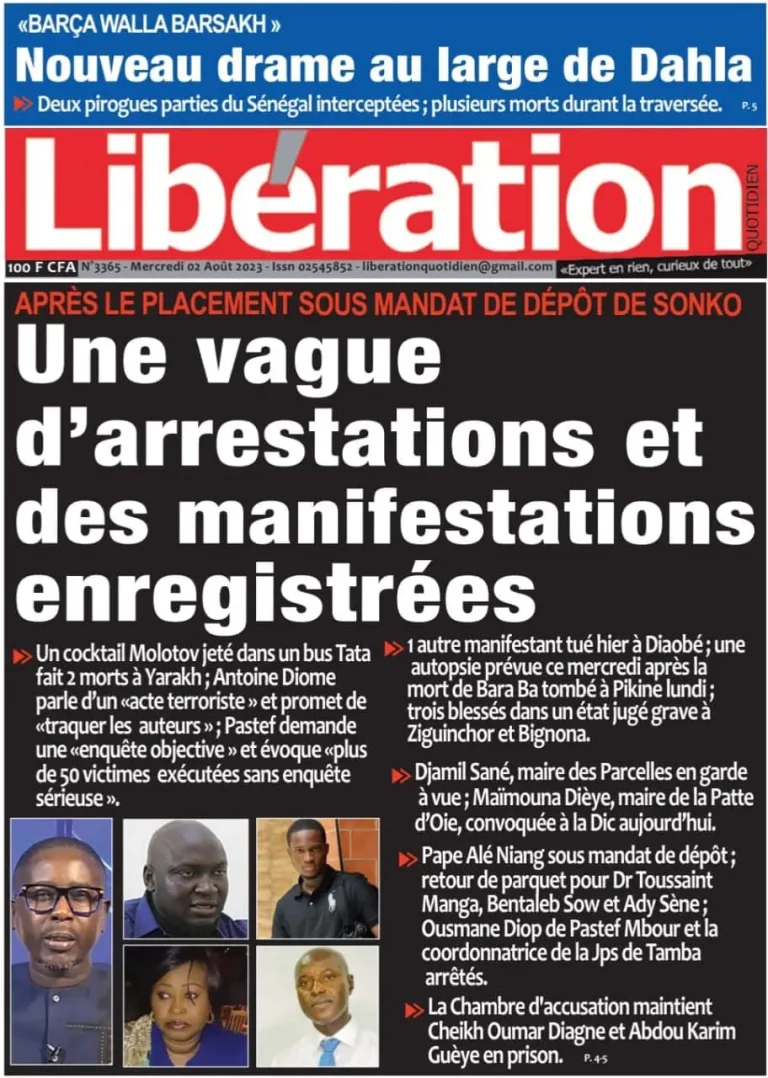 Une des journaux du mercredi 02 août 2023