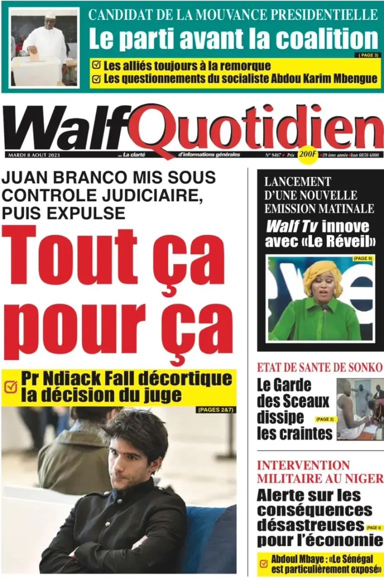 Une des journaux du mardi 08 août 2023