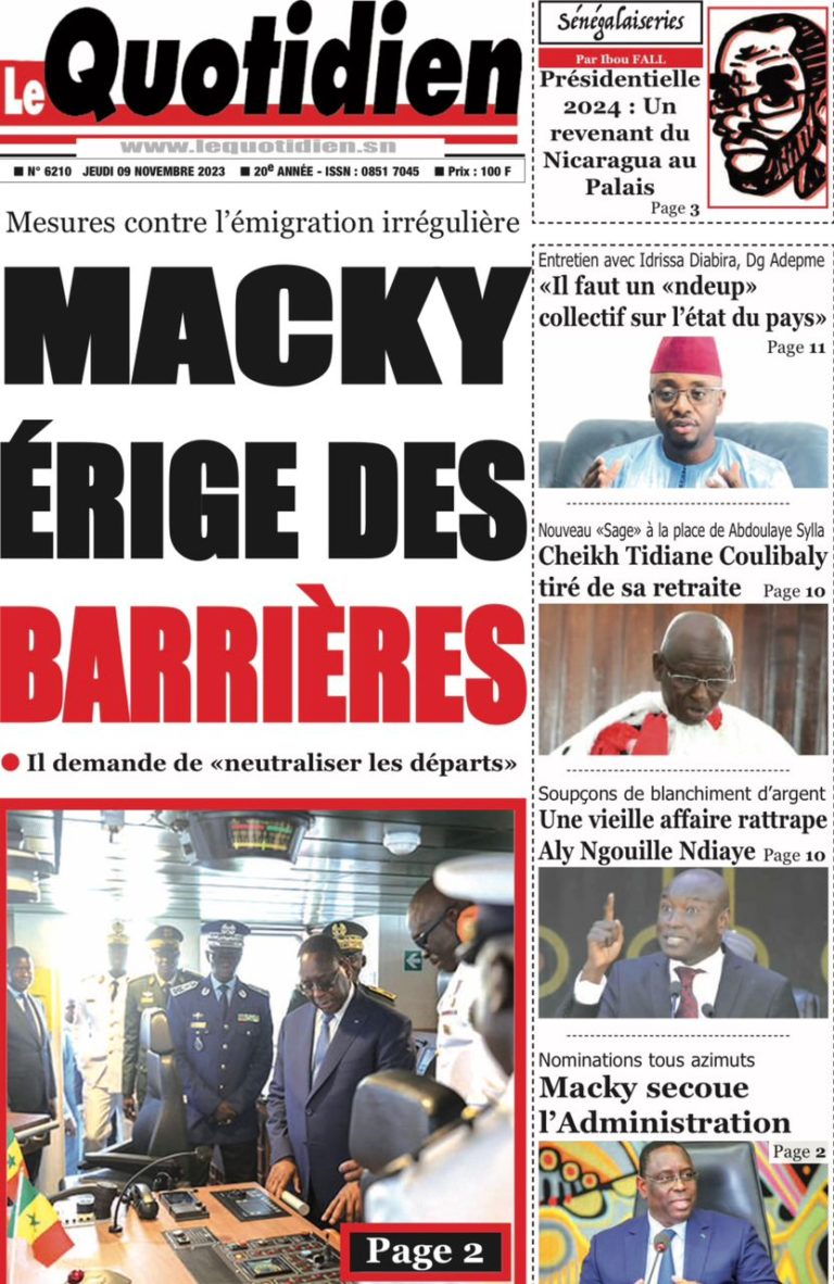 Une des journaux du jeudi 11 novembre 2023