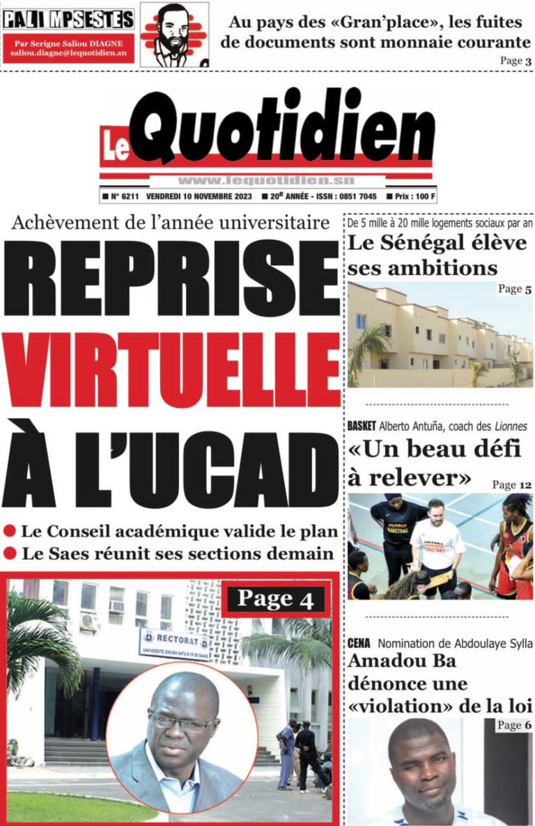 Une des journaux du vendredi 10 novembre 2023