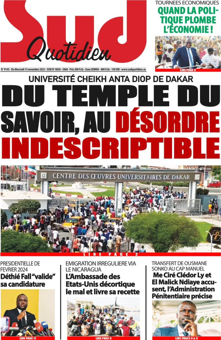 Une des journaux du mercredi 15 novembre 2023
