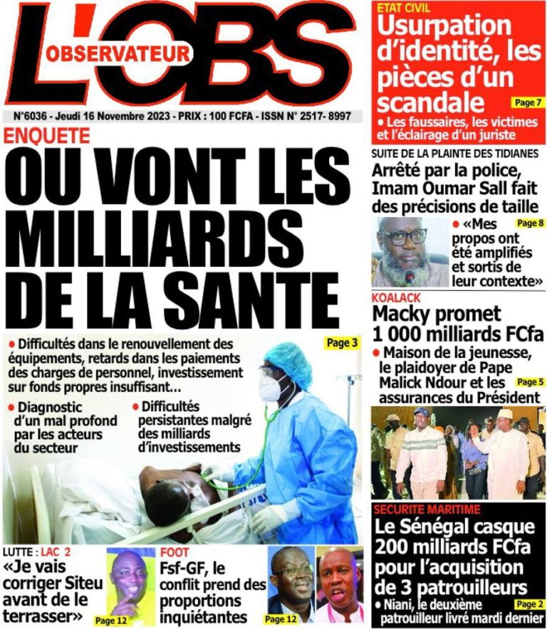 Une des journaux du jeudi 16 novembre 2023