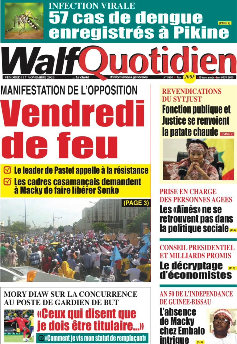 Une des journaux du vendredi 17 novembre 2023