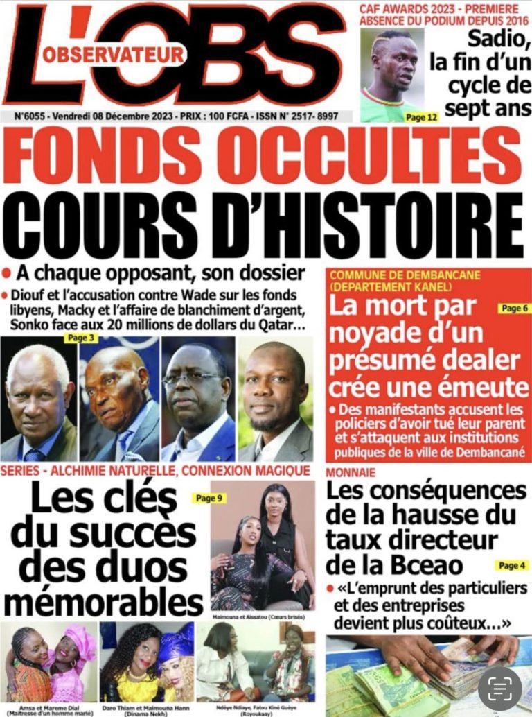Une des journaux du vendredi 08 décembre 2023