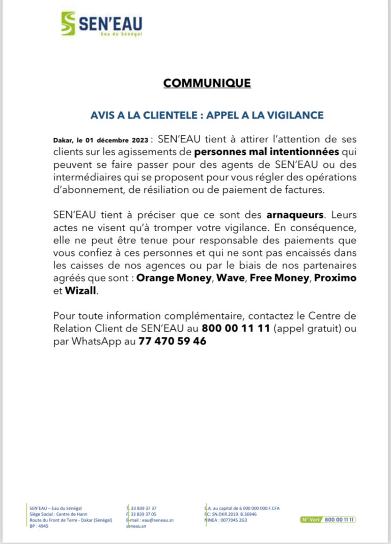 Communiqué de Sen’Eau sur de faux agents qui arnaquent les clients