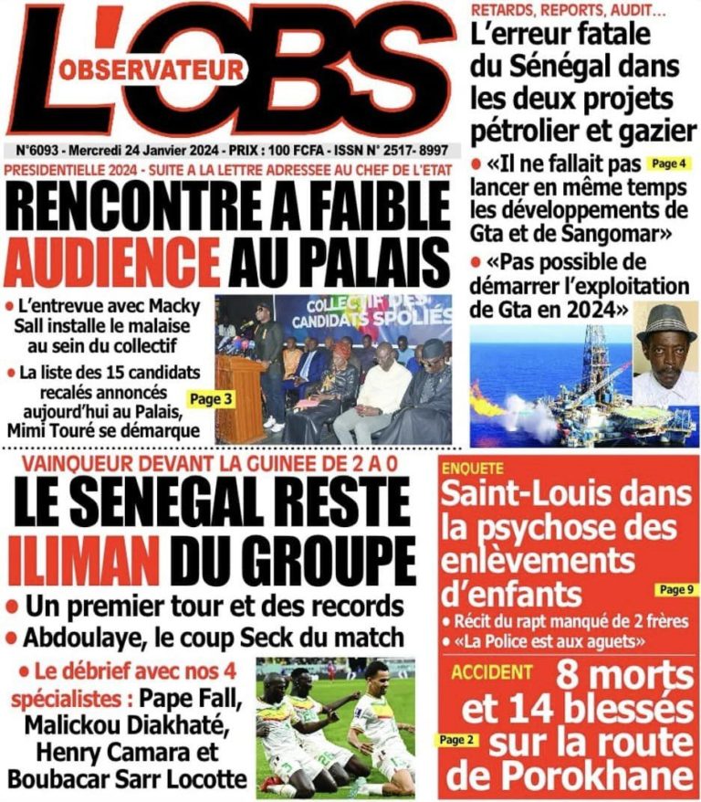 Une des journaux du mercredi 24 janvier 2024
