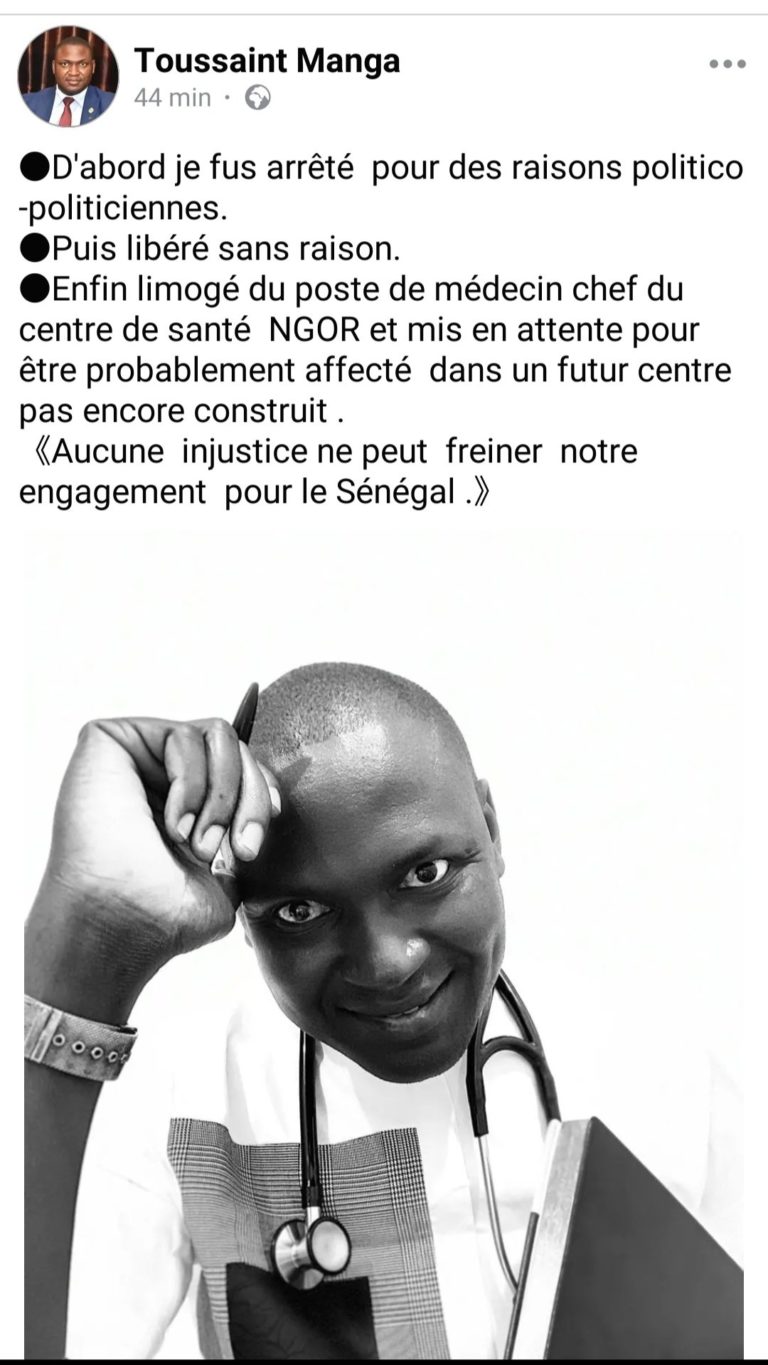 Récemment libéré: Dr Toussaint Manga limogé de son poste de médecin Chef du centre de santé de Ngor et …
