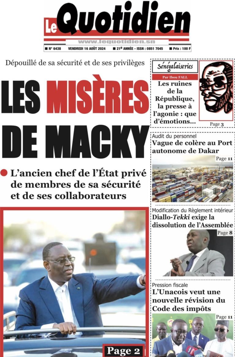 Découvrez les Unes des journaux sénégalais du vendredi 16 août 2024