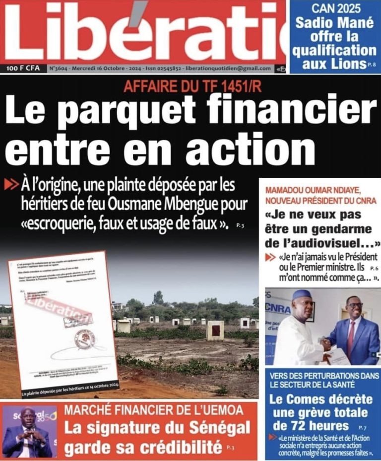 Découvrez les Unes des journaux sénégalais du mercredi 16 octobre 2024
