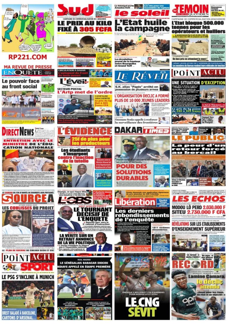 Découvrez les Unes des journaux Sénégalais du mercredi 27 novembre 2024