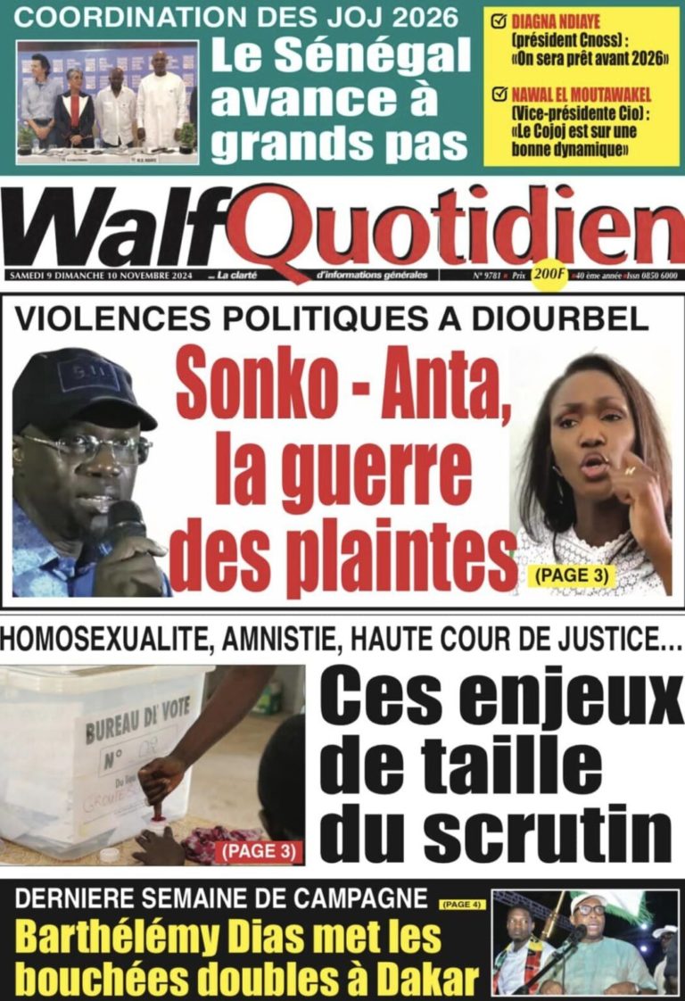 Découvrez les Unes des journaux sénégalais du samedi 09 novembre 2024
