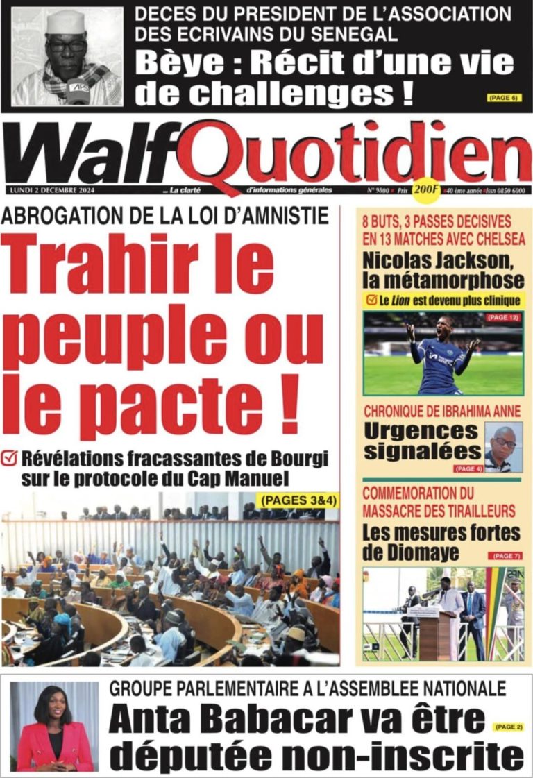 Découvrez les Unes des journaux Sénégalais du lundi 02 décembre 2024