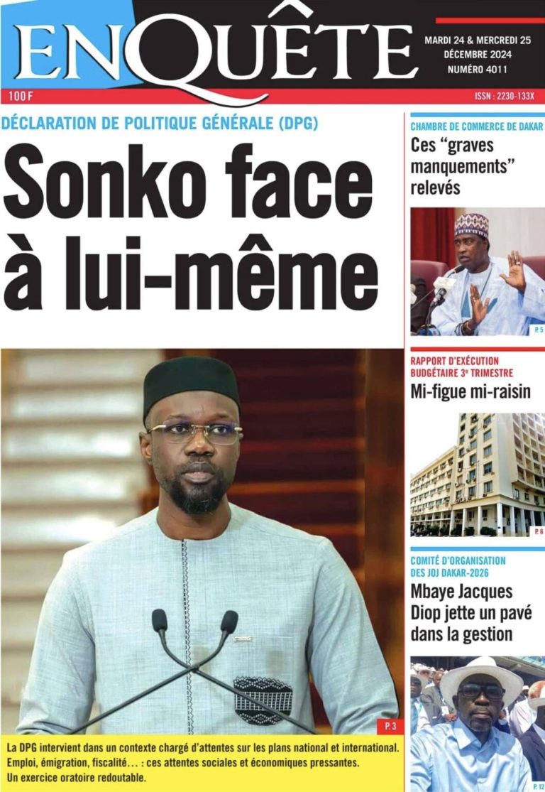 Découvrez les Unes des journaux Sénégalais du mardi 24 décembre 2024