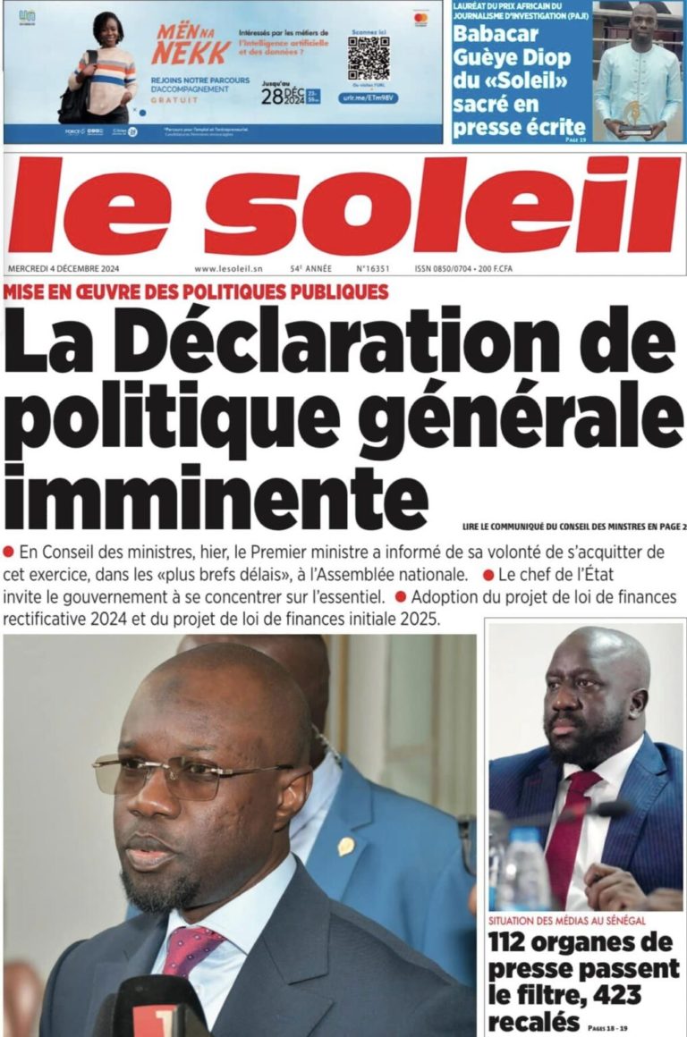 Découvrez les Unes des journaux Sénégalais du mercredi 04 décembre 2024