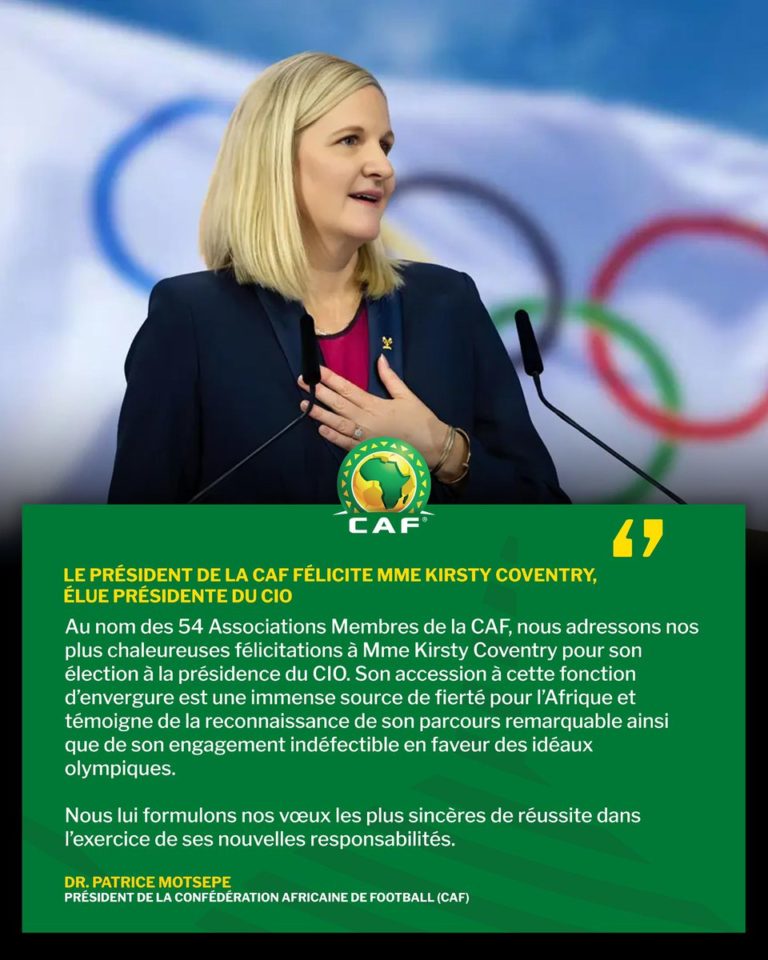 Dr Patrice Motsepe, le Président de la CAF, félicite Mme Kirsty Coventry, nouvellement élue Présidente du Comité Internationale Olympique