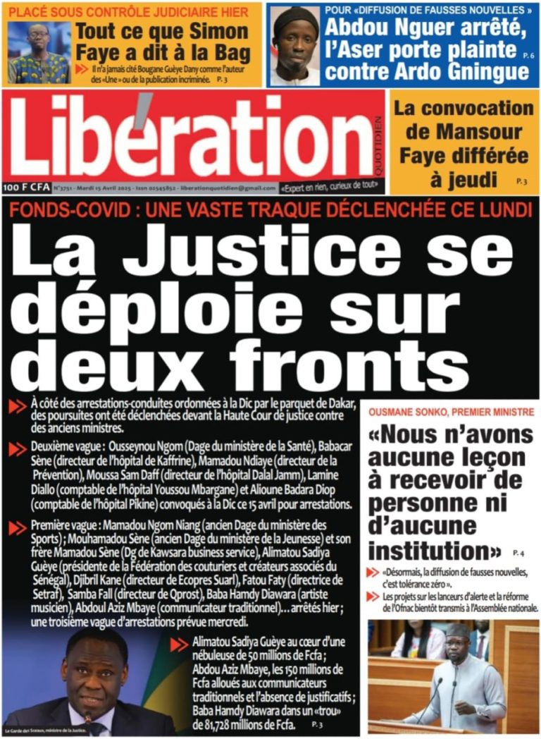 Découvrez les Unes des journaux sénégalais du mercredi 16 avril 2025