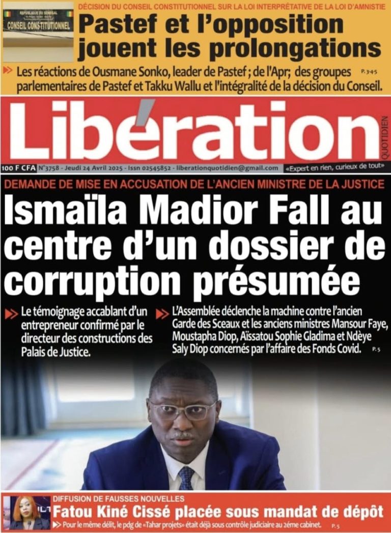 Découvrez les Unes des journaux sénégalais du jeudi 24 avril 2025