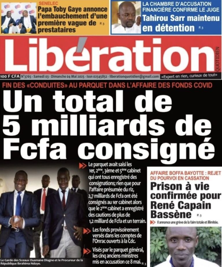 Découvrez les Unes des journaux sénégalais du samedi 03 mai 2025