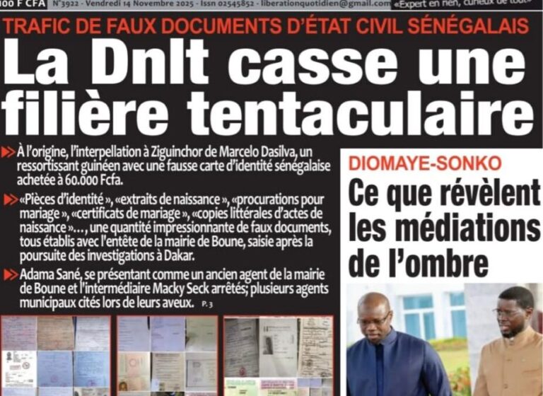 Découvrez les Unes des journaux sénégalais du vendredi 14 novembre 2025