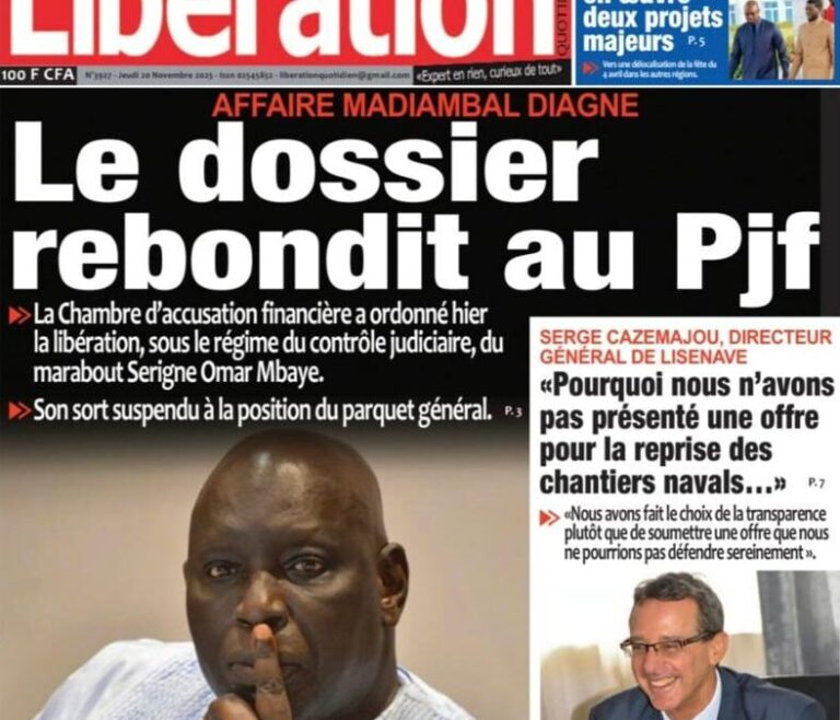 Découvrez les Unes des journaux sénégalais du jeudi 20 novembre 2025