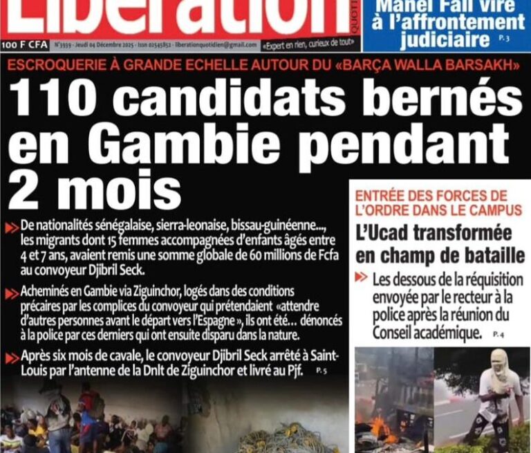 Découvrez les Unes des journaux sénégalais du jeudi 4 décembre 2025